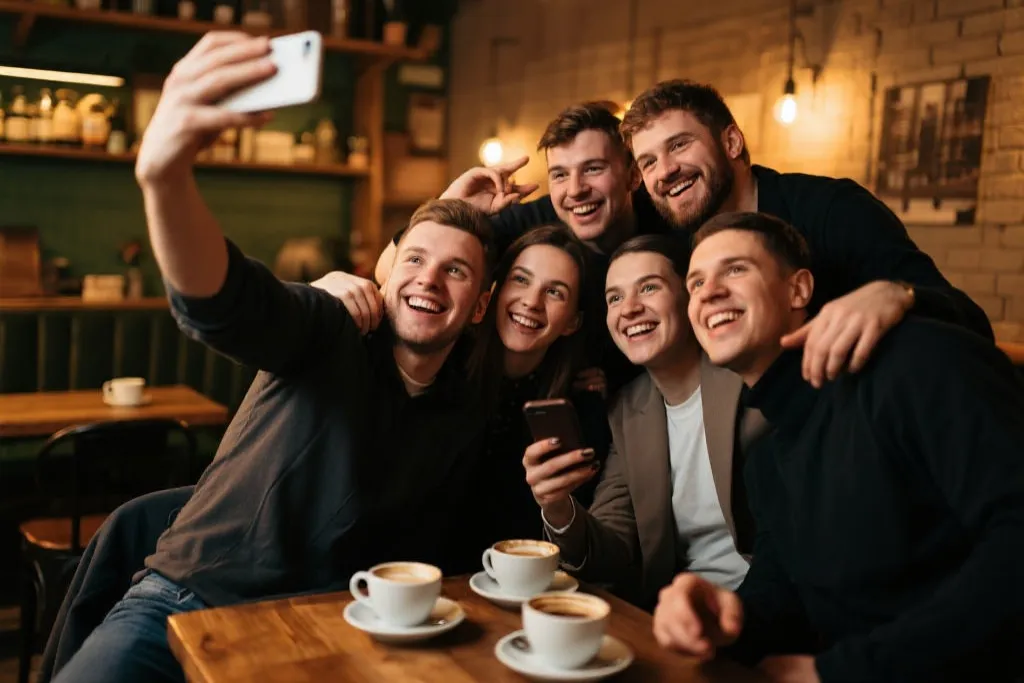 比赛夜结束后咖啡馆里人们合影、互相加好友，桌上有咖啡与小食，氛围温暖