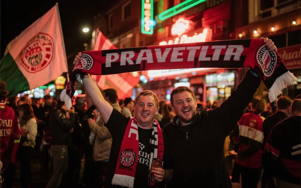 赛前球迷在街区聚会、举旗合影、夜色与霓虹氛围