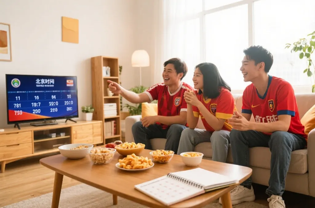 世界杯球迷在客厅查看北京时间和本地时间对照